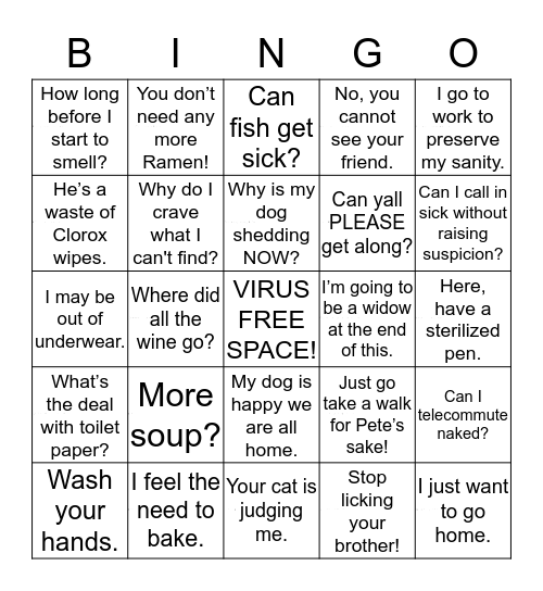 Sugar Britches' Quarantingo Bingo Card