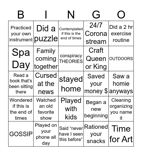 Social distancing  Bingo  Bingo Card