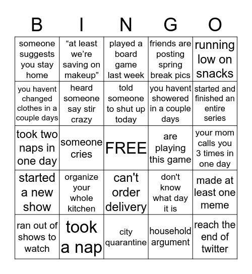 Quarantine Bingo Card