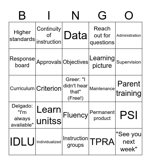 OASIS Game Board Bingo Card