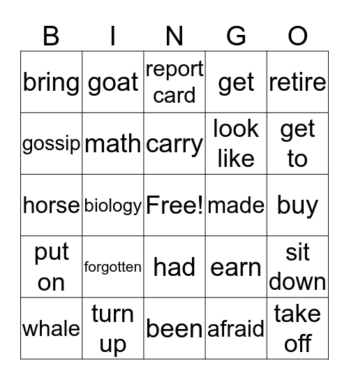 Final Exam Vocabulary Bingo Card