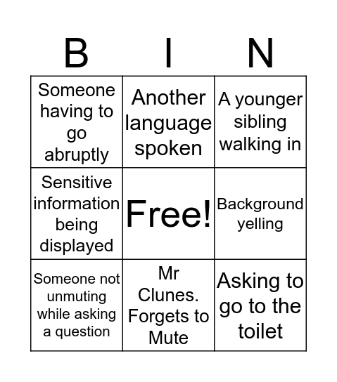 Zoom Bingo Card