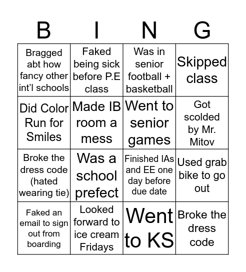REGENT’S INTERNATIONAL SCHOOL BINGO Card