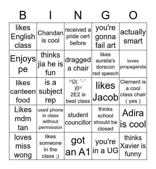 2E2 Bingo Card