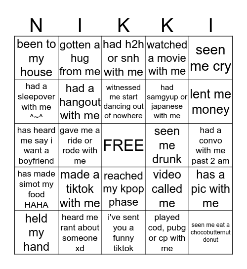 Nikki's Bingo Card