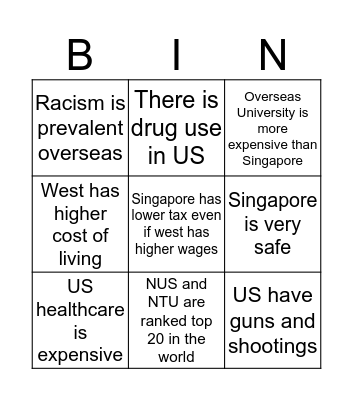 Singaporeans On Studying in US Bingo Card