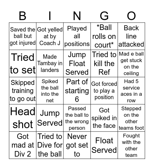 Silverback Div 1 Volleyball Bingo Card