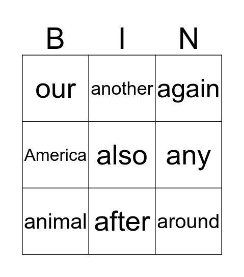 sight word bingo Card