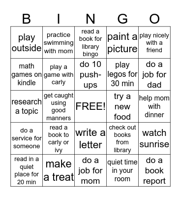 Easton Bingo Card