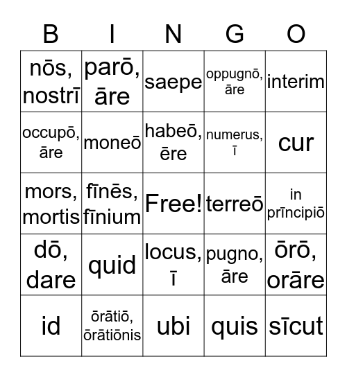 Latin Bingo Card