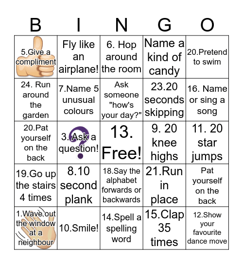 Get Active! Bingo Card