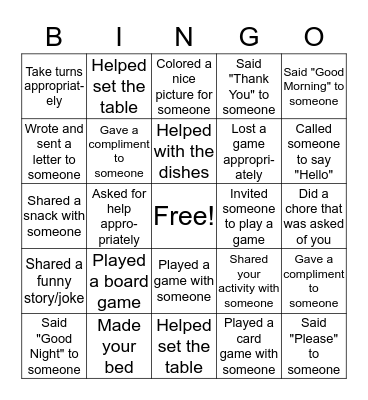 Social Activities Bingo Card