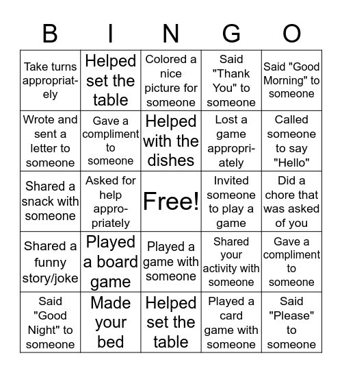 Social Activities Bingo Card