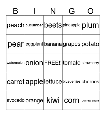 Fruits and Vegetables Bingo Card