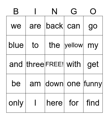 Sight Words Bingo Card