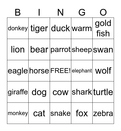 animals Bingo Card