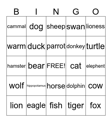 Animals Bingo Card