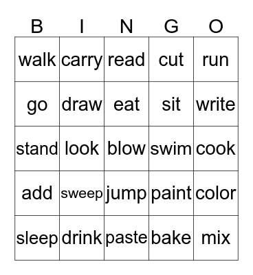 Actions Bingo Card