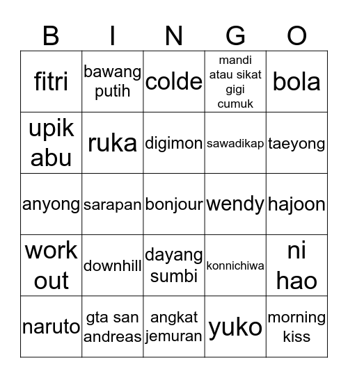 ruka Bingo Card