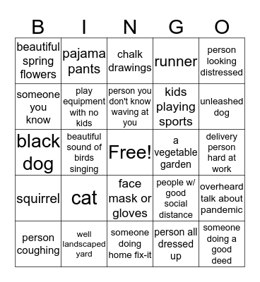 Pandemic Walk Bingo Card
