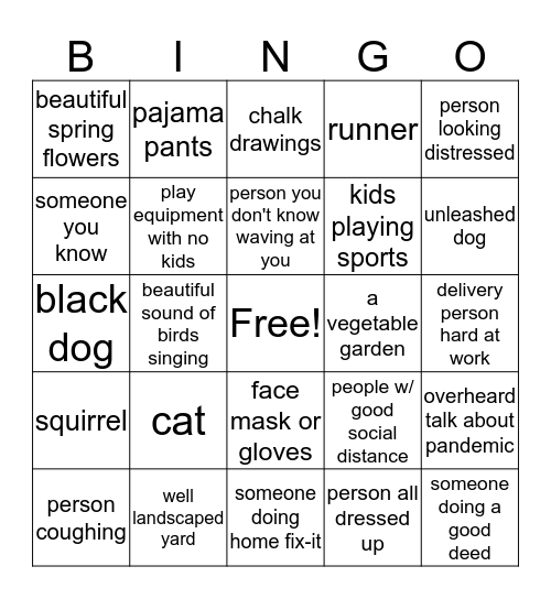 Pandemic Walk Bingo Card