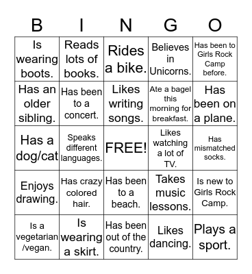 Rock Camp Bingo Card