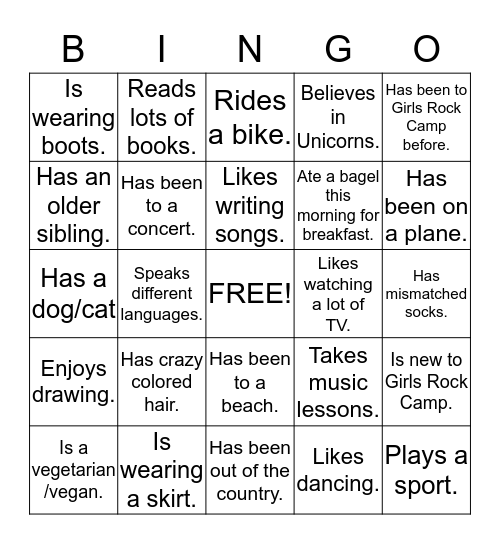 Rock Camp Bingo Card