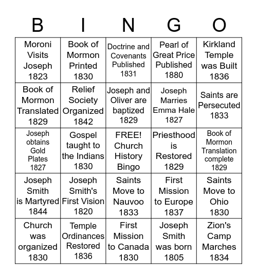LDS Church History Bingo Card
