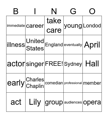 Charles Chaplin Bingo Card