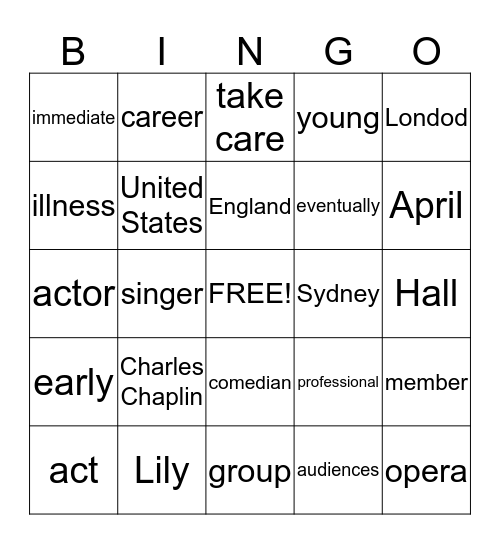 Charles Chaplin Bingo Card