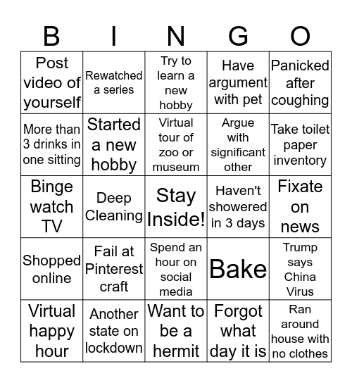 Social Distancing Bingo Card