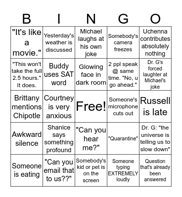 CMHC Quarantine Meeting Bingo Card