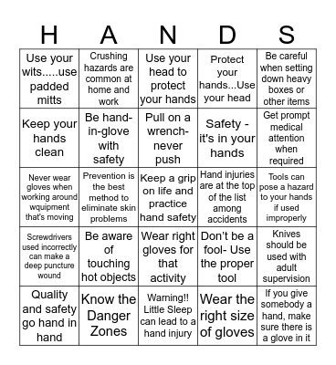 HAND SAFETY 2014 Bingo Card