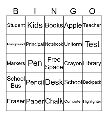 Back to School Bingo  Bingo Card