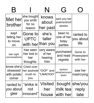 Being Anika’s BFF Bingo Card
