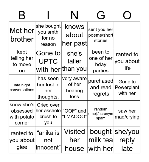 Being Anika’s BFF Bingo Card