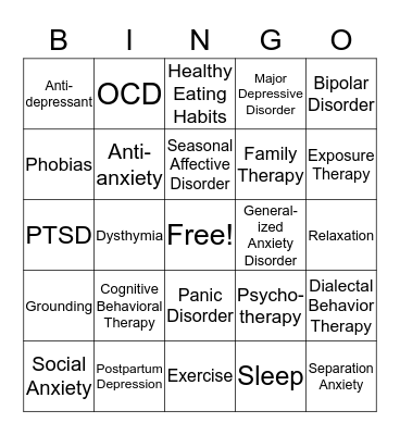 Anxiety/Depression Bingo Card