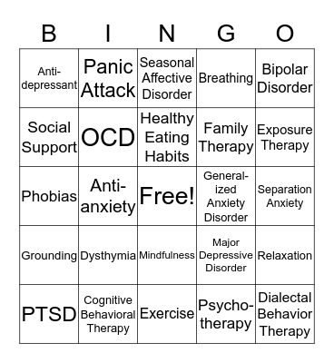 Anxiety/Depression Bingo Card