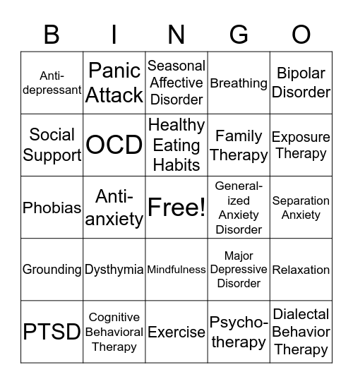 Anxiety/Depression Bingo Card