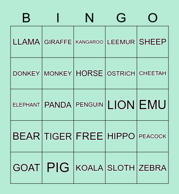 BABY ZOO ANIMALS Bingo Card