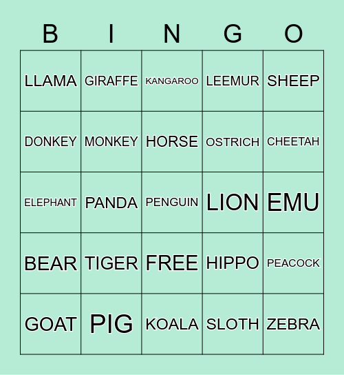 BABY ZOO ANIMALS Bingo Card