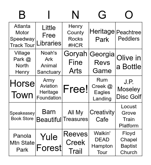 Visit Henry County, GA - Better Explored Bingo Card