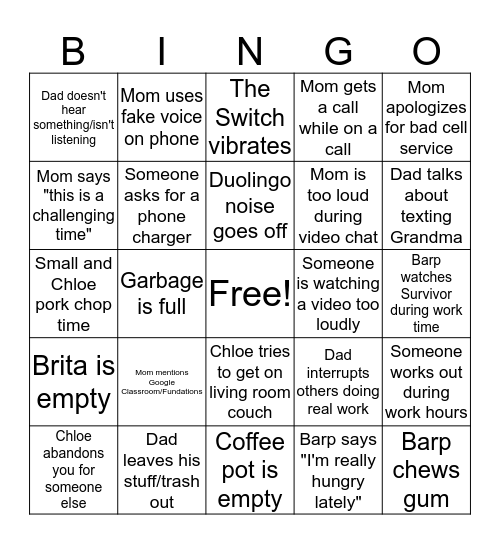 Work From Home Bingo Card