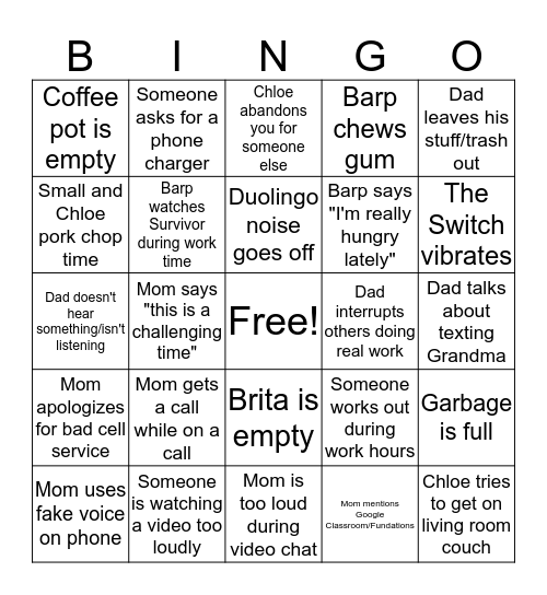 Work From Home Bingo Card