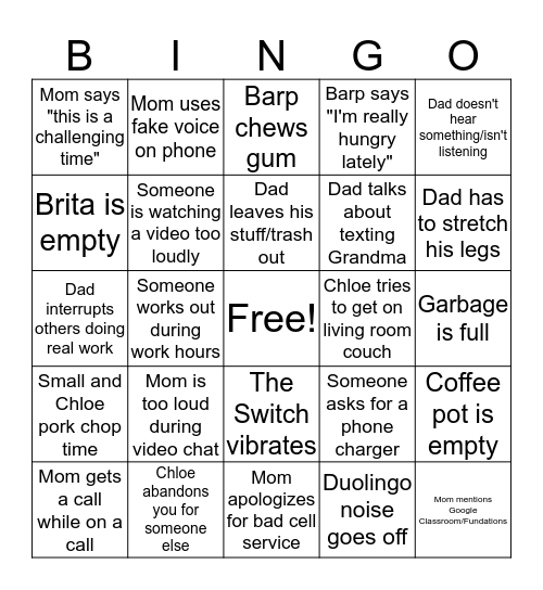 Work From Home Bingo Card