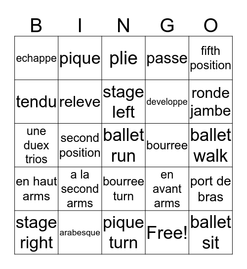 ballet level 1-2 bingo Card
