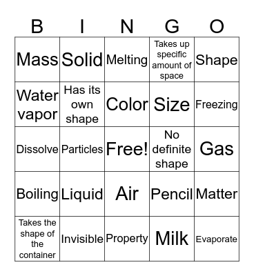 Science Matter Bingo Card