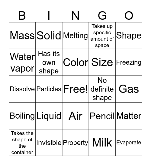 Science Matter Bingo Card