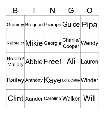 Family Gathering Bingo Card