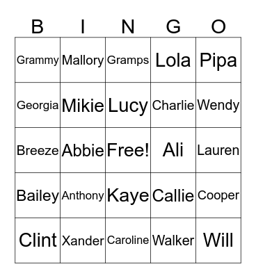 Family Gathering Bingo Card